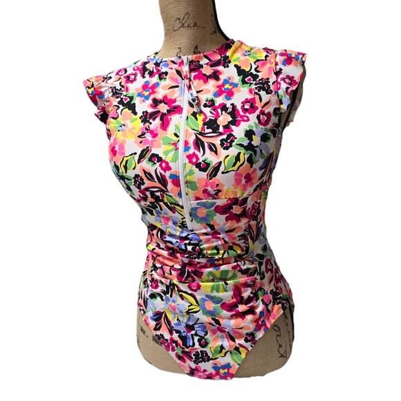 Anne Cole Sun Blossom Flutter Sleeve Zip Up Rash Guard One Piece Swimsuit Sz 10 - Picture 3 of 15